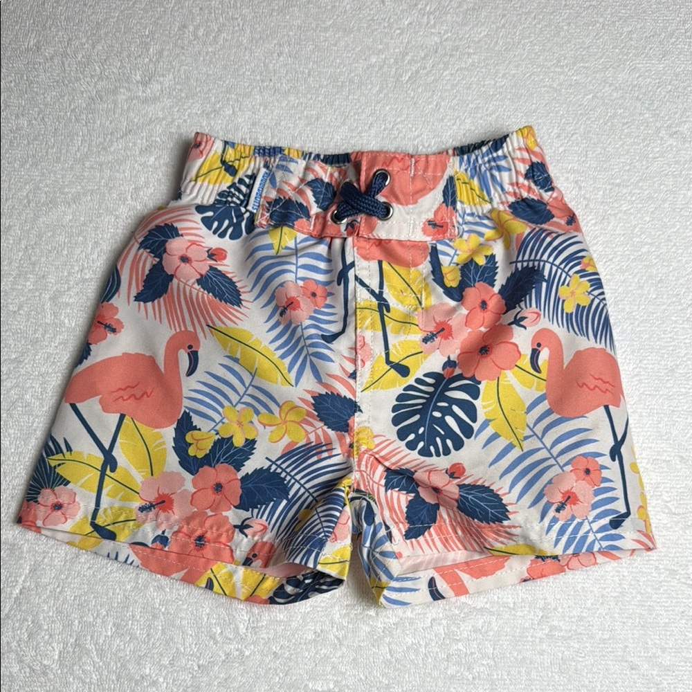 Rufflebutts swim trunks tropical flamingo
